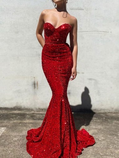 Shop Mermaid Sweetheart Sleeveless Long Court Train Velvet Sequin Prom Dress UK