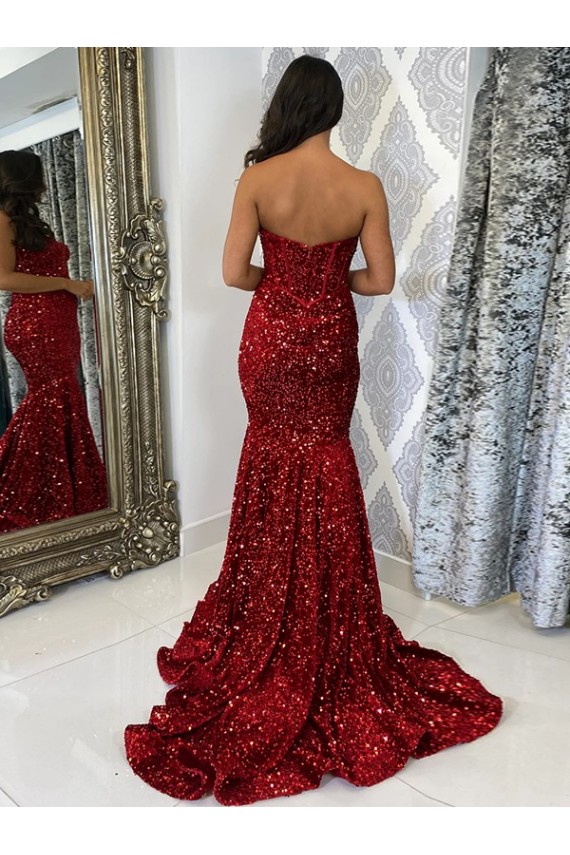 Sweetheart Sleeveless Long Court Train Velvet Sequin Prom Dress