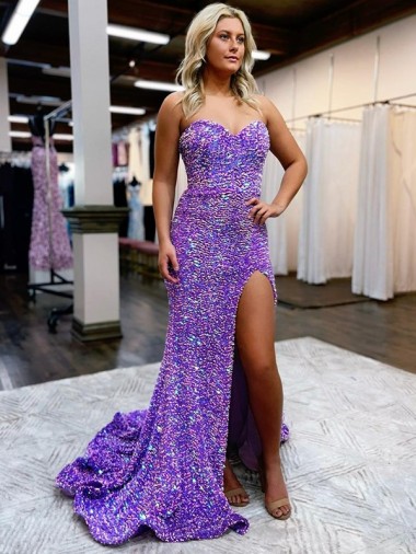 Shop A-Line Sweetheart Sleeveless Long Velvet Sequin Prom Dress with Slit UK