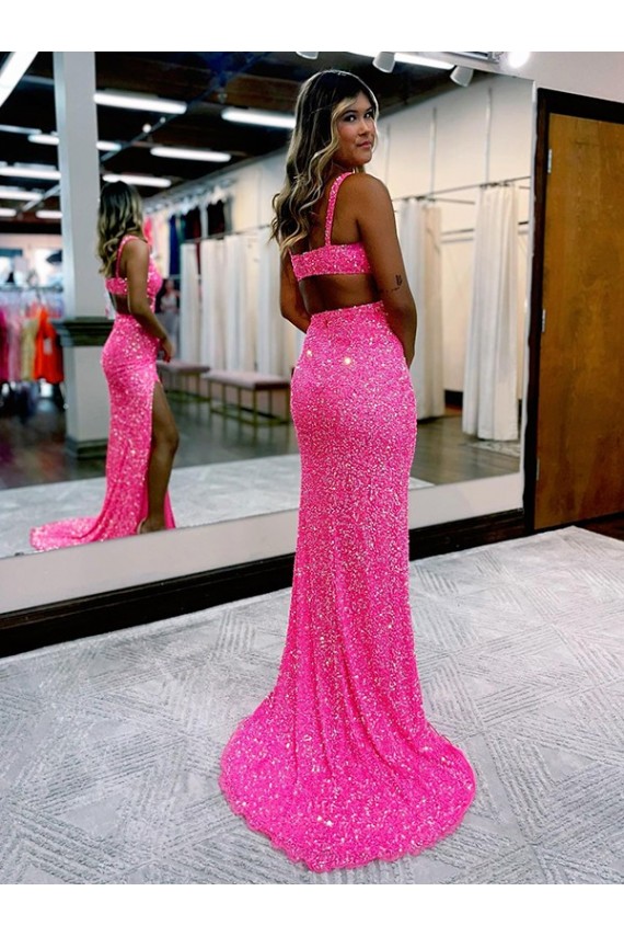 Long V-Neck Sleeveless Sweep Train Velvet Sequin Prom Dress with High Slit