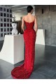 V-Neck Sleeveless Long Sweep Train Velvet Sequin Prom Dress with High Side Slit