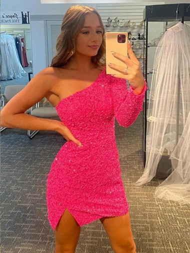 Shop Short Velvet Sequin One Shoulder Long Sleeves Homecoming Dress / Prom Dress UK