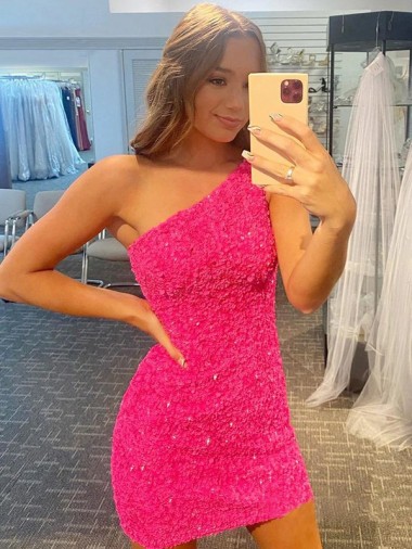 Shop Short One Shoulder Sleeveless Velvet Sequin Homecoming Dress / Prom Dress UK