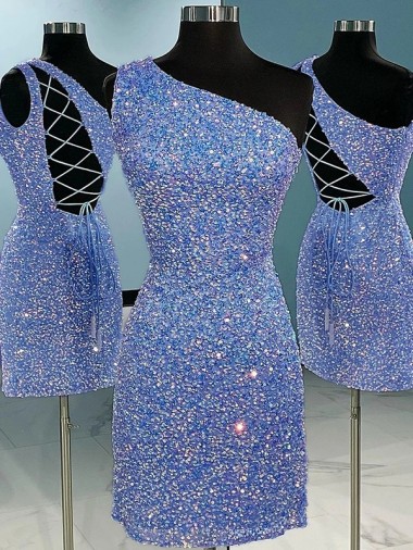 Shop Short Velvet Sequin One Shoulder Sleeveless Homecoming Dress / Prom Dress UK