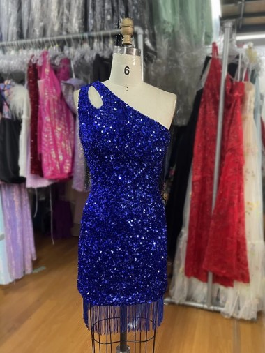 Shop One Shoulder Keyhole Sleeveless Short Velvet Sequin Homecoming Dress / Prom Dress UK