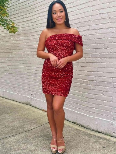 Shop Short One Shoulder Sleeveless Velvet Sequin Cocktail Homecoming Dress / Prom Dress UK