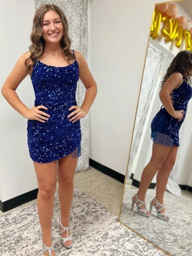 Shop Spaghetti Straps Backless Sleeveless Short Velvet Sequin Homecoming Dress / Prom Dress UK