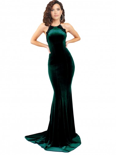 Shop High Neck Formal Stretch Velvet Bridesmaid Dress / Prom Dress with Black Lace Embroidery UK