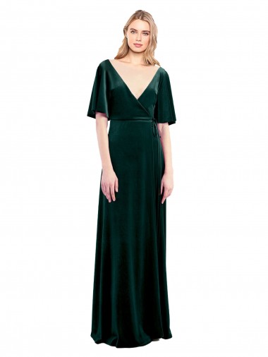 Shop Deep V-Neck Flutter Sleeves Long Velvet Wrap Bridesmaid Dress / Prom Dress UK