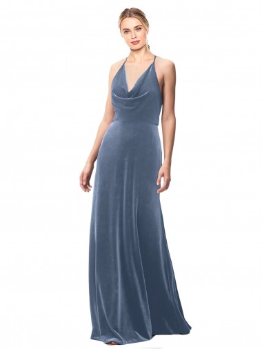 Shop Halter Cowl Neck Long A-Line Velvet Bridesmaid Dress / Prom Dress with Keyhole Back UK