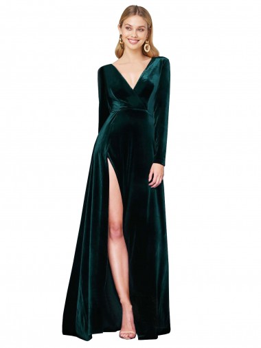 Shop Deep V-Neck Long Sleeves Formal Velvet Bridesmaid Dress / Prom Dress with High Side Split UK