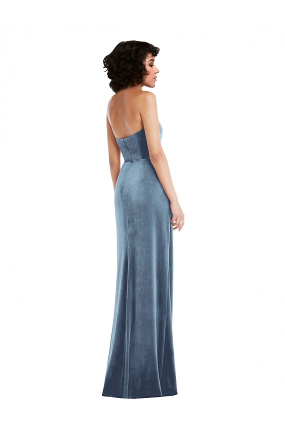 Strapless Formal Velvet Maxi Bridesmaid Dress / Prom Dress with Draped Skirt