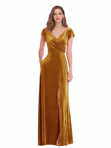 Shop Cap Sleeve Faux Wrap Formal Velvet Maxi Bridesmaid Dress / Prom Dress with Pockets UK