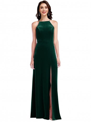 Shop Velvet Halter Maxi Bridesmaid Dress / Prom Dress with Front Slit UK