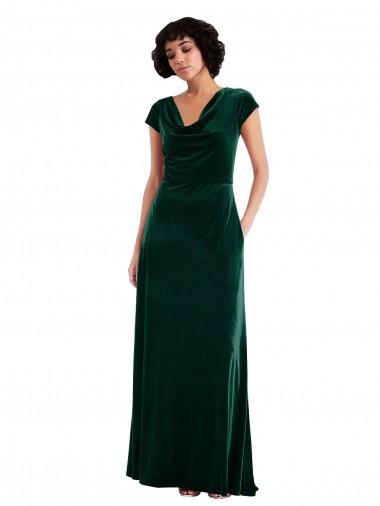 Shop Cowl Neck Cap Sleeve Velvet Maxi Bridesmaid Dress / Prom Dress with Pockets UK