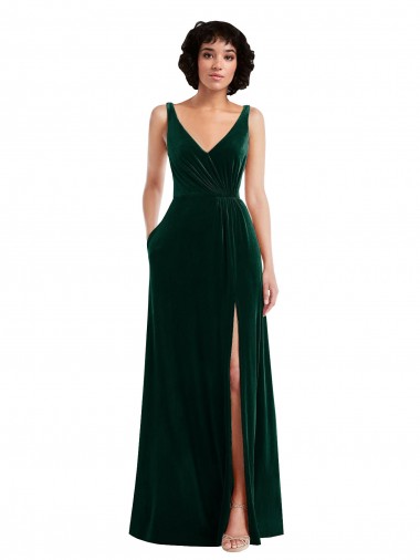 Shop Floor Length Velvet Maxi Bridesmaid Dress / Prom Dress with Shirred Bodice and Front Slit UK