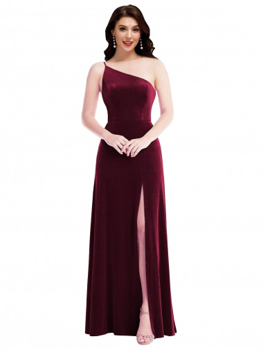 Shop One Shoulder Spaghetti Strap Velvet Maxi Bridesmaid Dress / Prom Dress with Pockets UK