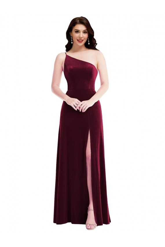 One Shoulder Spaghetti Strap Velvet Maxi Bridesmaid Dress / Prom Dress with Pockets