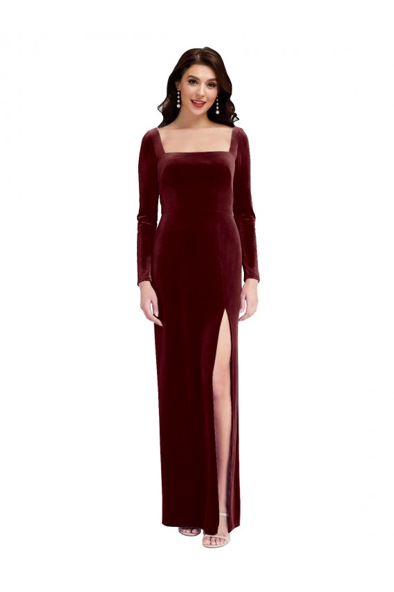 Sleek Square Neck Spaghetti Straps Velvet Bridesmaid Dress / Prom Dress with Side Slit