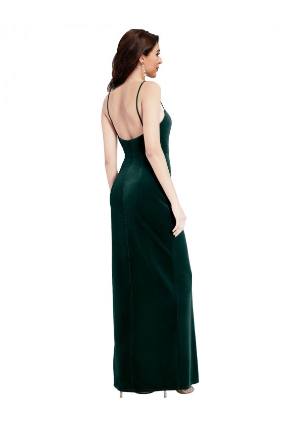 Straight Neckline Spaghetti Straps Long Velvet Bridesmaid Dress / Prom Dress with High Side Slit