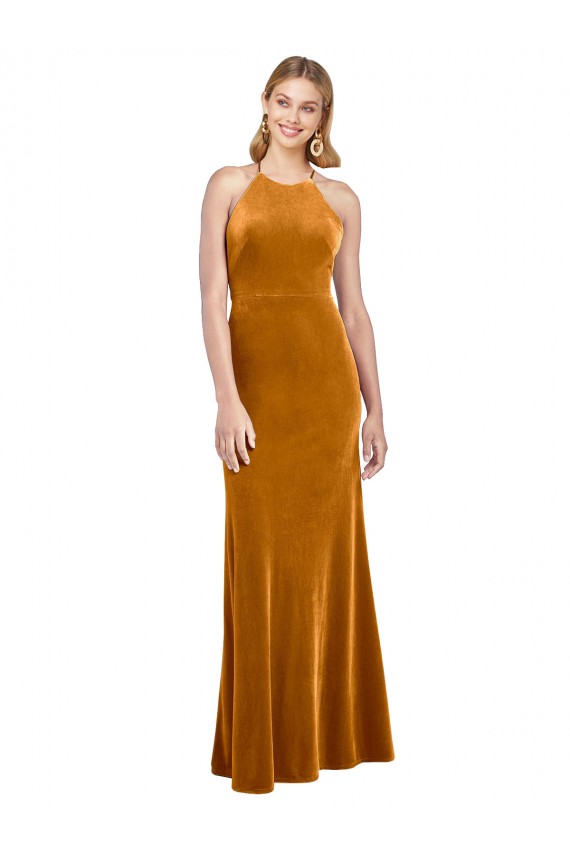 Halter Neckline Long Full Length Formal Velvet Bridesmaid Dress / Prom Dress with Strappy Back