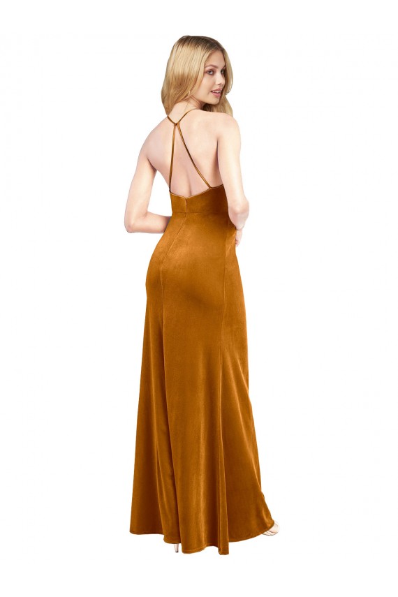 Halter Neckline Long Full Length Formal Velvet Bridesmaid Dress / Prom Dress with Strappy Back