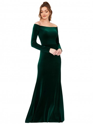 Shop Off the Shoulder Long Sleeves Formal Stretch Velvet Bridesmaid Dress / Prom Dress UK