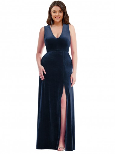 Shop Deep V-Neck Sleeveless Formal Velvet Maxi Bridesmaid Dress / Prom Dress with Pockets UK