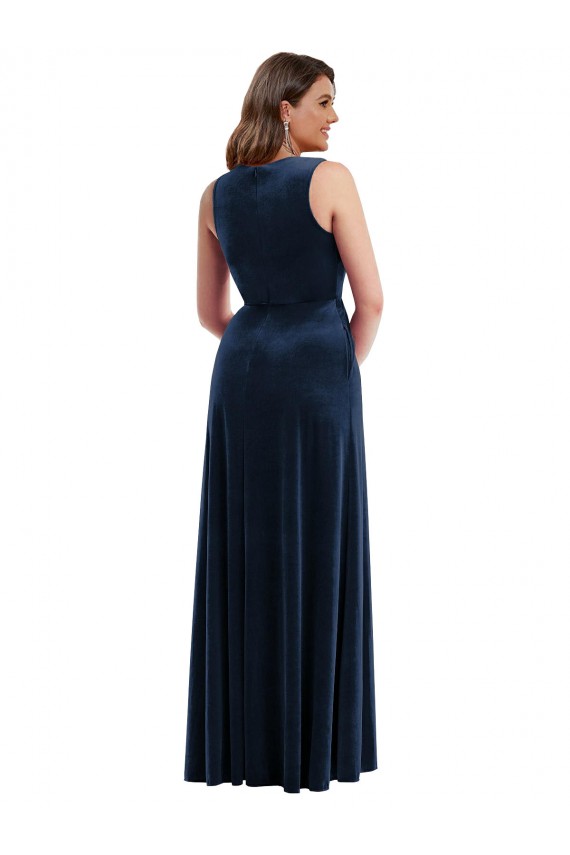 Deep V-Neck Sleeveless Formal Velvet Maxi Bridesmaid Dress / Prom Dress with Pockets