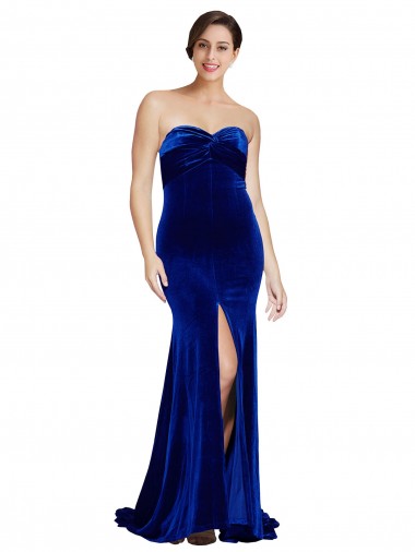 Shop Strapless Ruched Formal Velvet Bridesmaid Dress / Prom Dress with Sweep Train and Front Slit UK