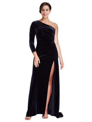 Shop One Sleeve Long Formal Velvet Bridesmaid Dress / Prom Dress with Thigh High Split UK