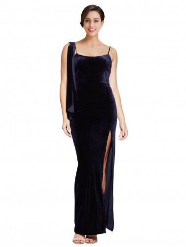 Shop Long Formal Velvet Bridesmaid Dress / Prom Dress with Side Thigh Split and Shoulder Tie UK