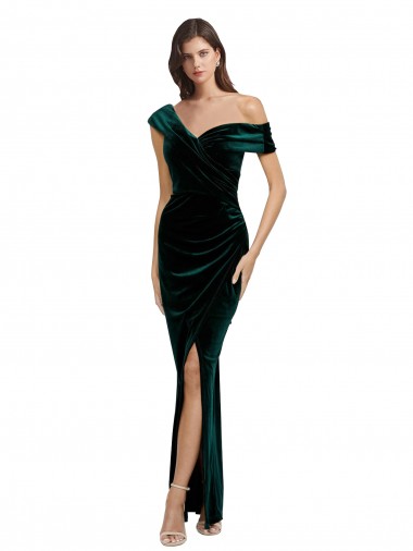 Shop Long Asymmetric Neckline Ruched Formal Velvet Bridesmaid Dress / Prom Dress UK